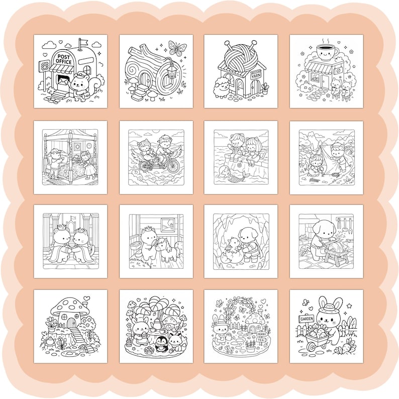 Puede incluir: Una colecci&oacute;n de diecis&eacute;is p&aacute;ginas para colorear en blanco y negro con escenas caprichosas. Las ilustraciones representan varios escenarios, incluyendo una oficina de correos, una tienda de lana y un jard&iacute;n, con personajes de animales lindos y dise&ntilde;os detallados.