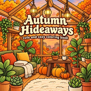以下が含まれることがあります： Autumn Hideawaysというタイトルの塗り絵の表紙。緑のソファ、オレンジと黄色のクッション、白いブランケット、木製のテーブル、カボチャ、鉢植えの植物、吊り下げ式のランタンが描かれた温室のインテリア。