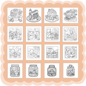 Puede incluir: Una colecci&oacute;n de diecis&eacute;is ilustraciones en blanco y negro con lindos personajes de osos en varias escenas. Las escenas incluyen un restaurante de sushi, un puesto de perritos calientes, una tienda de cupcakes y un bar de zumos. Otras escenas incluyen osos con un conejito, acampando y conduciendo.