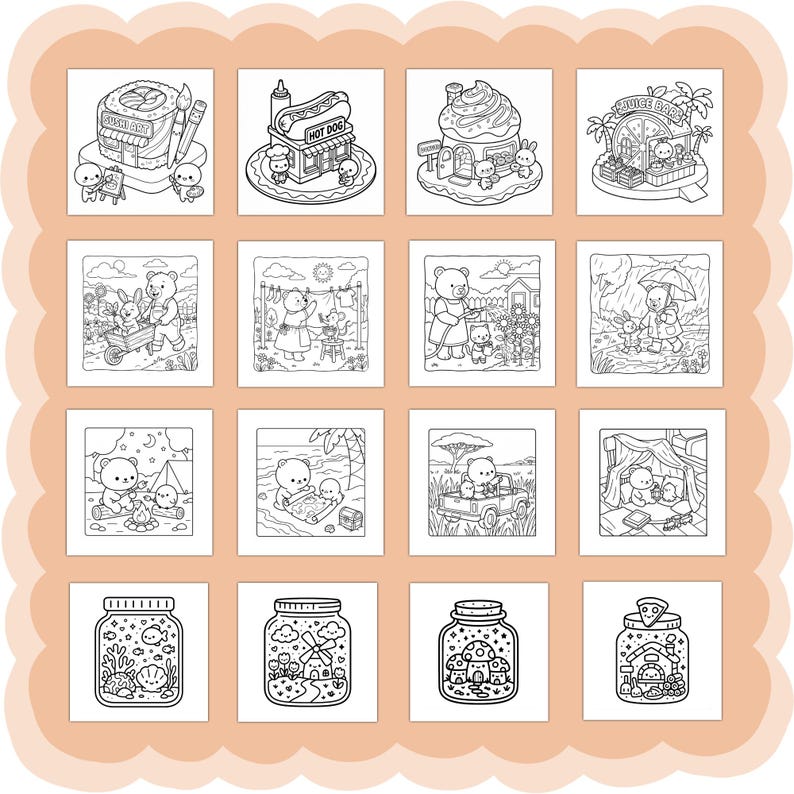 Puede incluir: Una colecci&oacute;n de diecis&eacute;is ilustraciones en blanco y negro con lindos personajes de osos en varias escenas. Las escenas incluyen un restaurante de sushi, un puesto de perritos calientes, una tienda de cupcakes y un bar de zumos. Otras escenas incluyen osos con un conejito, acampando y conduciendo.