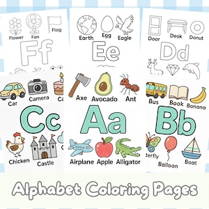 May include: Alphabet colouring pages with illustrations of objects and animals, each paired with a letter of the alphabet. Includes images of a car, apple, and boat, with the text "Alphabet Coloring Pages".