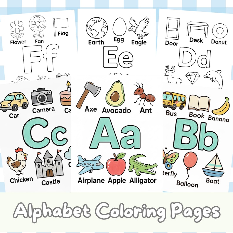May include: Alphabet colouring pages with illustrations of objects and animals, each paired with a letter of the alphabet. Includes images of a car, apple, and boat, with the text "Alphabet Coloring Pages".