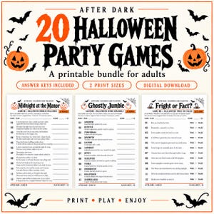 May include: A printable Halloween party game bundle for adults featuring the title 20 Halloween Party Games. The document includes three game sheets titled Midnight at the Manor, Ghostly Jumble, and Fright or Fact, decorated with orange pumpkins and black bats.