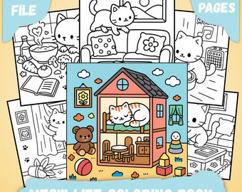 Coloring Book, Meow Life Coloring Pages for Teens & Adults, Bold and Easy Coloring Book, Cute Cat Art, Digital Download