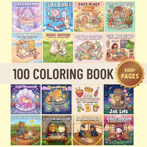 4000+ Cute & Cozy Coloring Pages Bundle | 100 Digital Coloring Books | Bold and Easy Coloring Pages | Digital Download