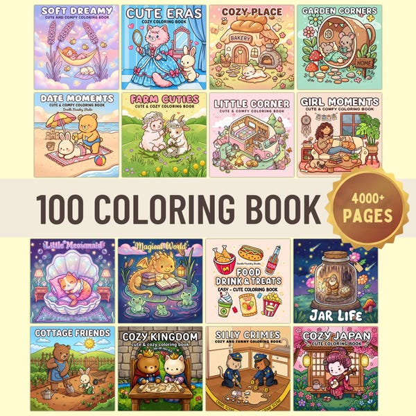 Pacchetto di oltre 4000 pagine da colorare carine e accoglienti / 100 libri da colorare digitali / Pagine da colorare semplici e vivaci / Download digitale