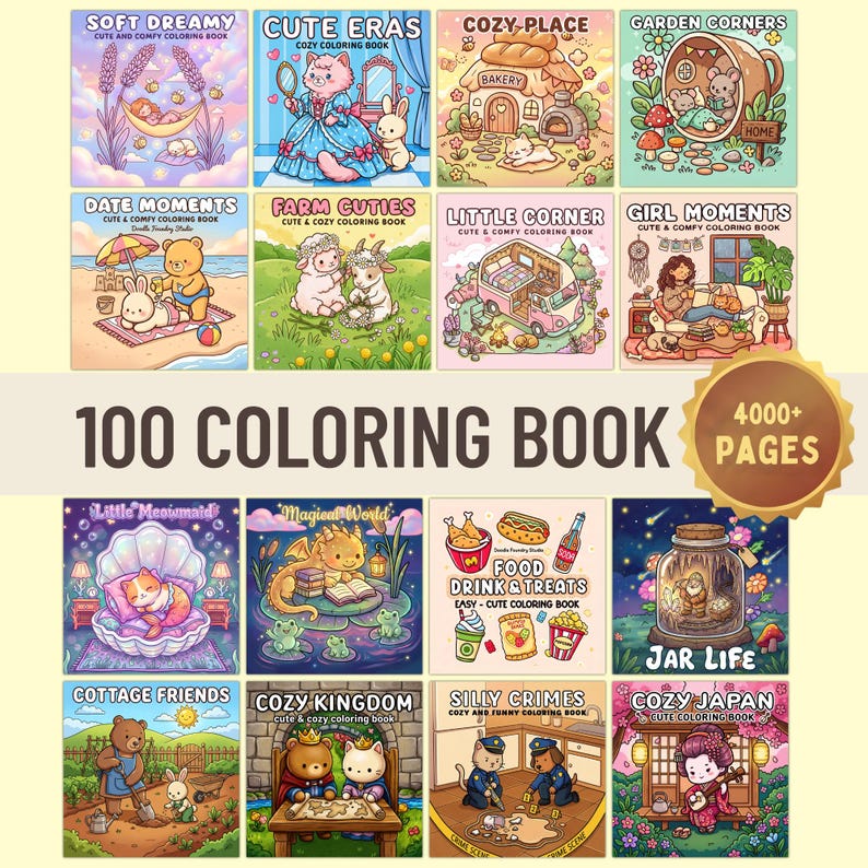 Paquete de más de 4000 páginas para colorear tiernas y acogedoras / 100 libros para colorear digitales / Páginas para colorear llamativas y fáciles / Descarga digital imagen 1