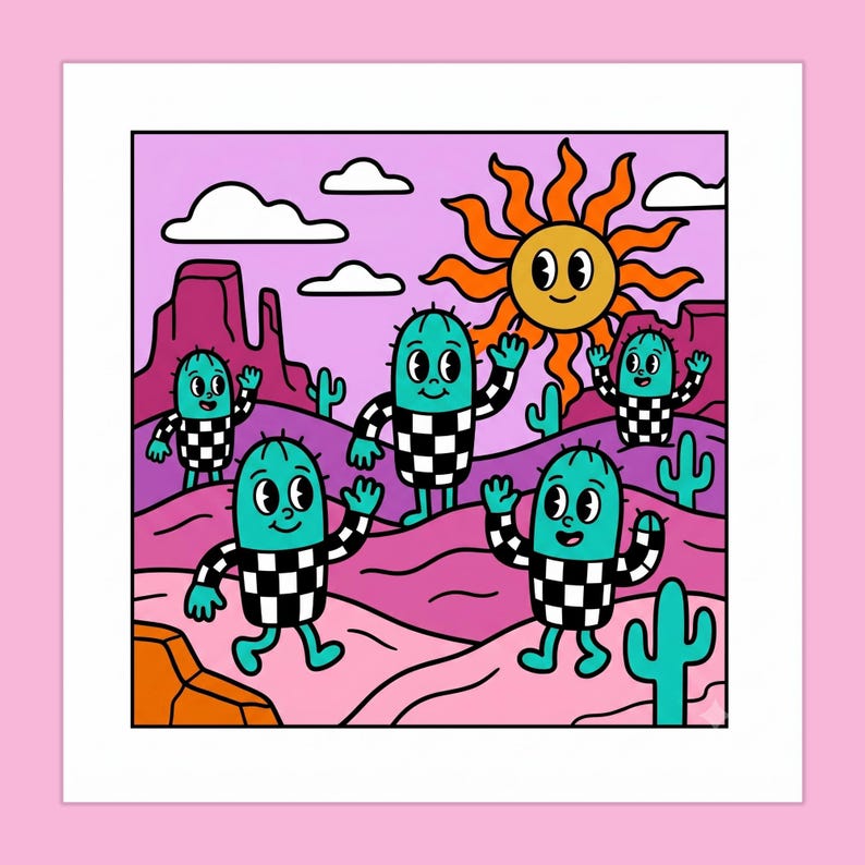 May include: A square art print featuring a desert landscape with pink rolling hills, purple mountains, and a bright orange sun. Four teal cactus characters with black and white checkered bodies and arms are waving in a cheerful, cartoon-style scene.