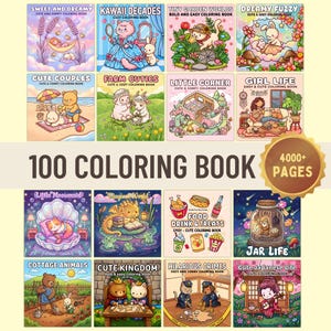 Könnte beinhalten: Eine Sammlung von 100 Malbüchern mit über 4000 Seiten zu verschiedenen Themen wie Tieren, Essen und Fantasieszenen. Jedes Buchcover zeigt farbenfrohe Illustrationen mit Titeln wie Sweet and Dreamy, Kawaii Decades, Tiny Garden Worlds, Dreamy Fuzzy, Cute Couples, Farm Cuties, Little Corner, Girl Life, Little Meowmaid, Magical World, Food Drink & Treats, Jar Life, Cottage Animals, Cute Kingdom, Hilarious Crimes und Cute Japanese Life.