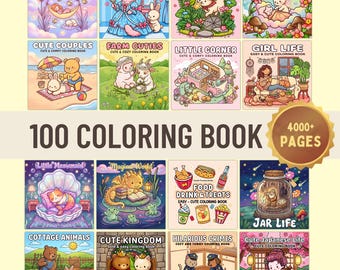 May include: A collection of 100 coloring books featuring 4000+ pages with various themes including animals, food, and fantasy scenes. Each book cover displays colorful illustrations with titles like Sweet and Dreamy, Kawaii Decades, Tiny Garden Worlds, Dreamy Fuzzy, Cute Couples, Farm Cuties, Little Corner, Girl Life, Little Meowmaid, Magical World, Food Drink & Treats, Jar Life, Cottage Animals, Cute Kingdom, Hilarious Crimes, and Cute Japanese Life.