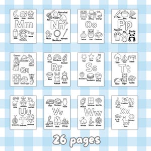 May include: A set of 26 black and white alphabet flashcards, each displaying a letter with related images. Words include "Moon," "Monkey," and "Umbrella." The text "26 pages" is at the bottom. Ideal for early learning.