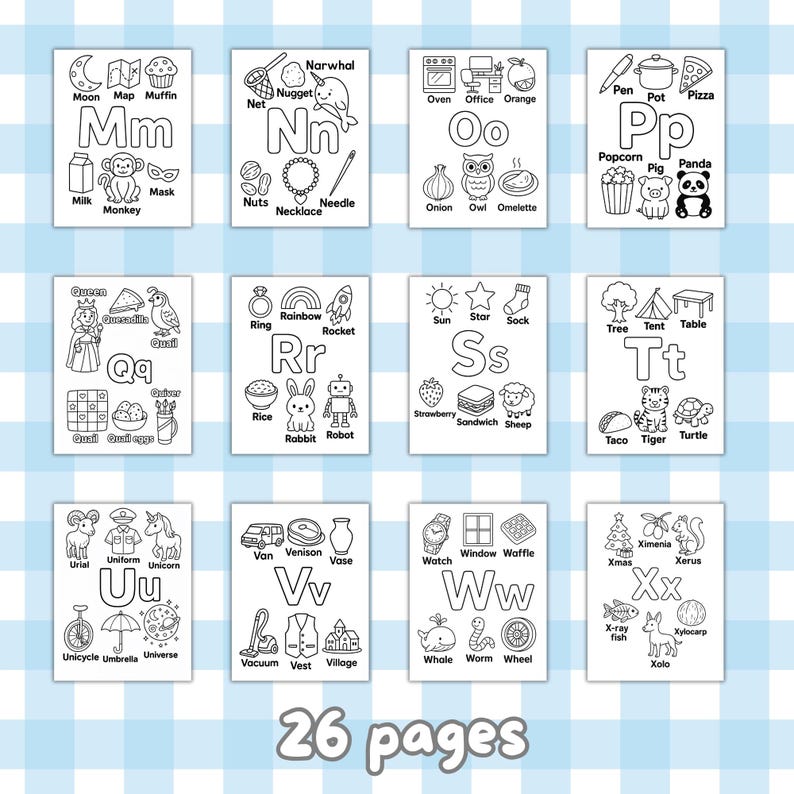 May include: A set of 26 black and white alphabet flashcards, each displaying a letter with related images. Words include "Moon," "Monkey," and "Umbrella." The text "26 pages" is at the bottom. Ideal for early learning.