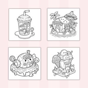 Może przedstawiać: Czarno-białe ilustracje czterech r&oacute;żnych scen z jedzeniem. Jedna przedstawia bubble tea, druga stoisko ze smoothie, sklep z cukierkami i deser lodowy.