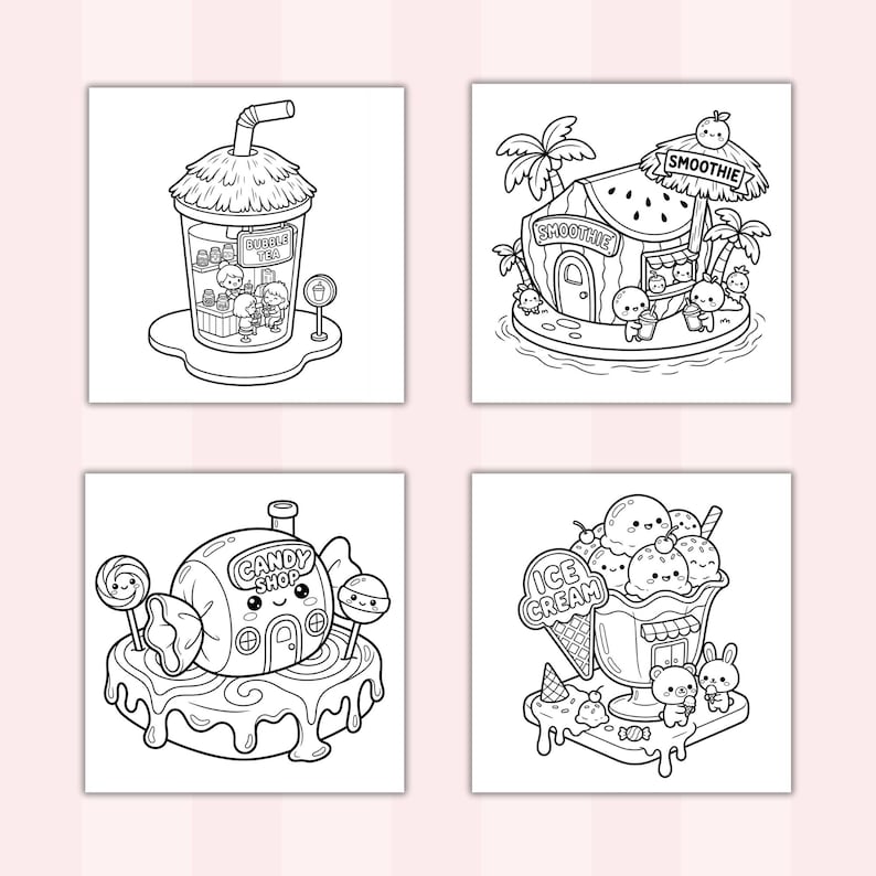 Może przedstawiać: Czarno-białe ilustracje czterech r&oacute;żnych scen z jedzeniem. Jedna przedstawia bubble tea, druga stoisko ze smoothie, sklep z cukierkami i deser lodowy.