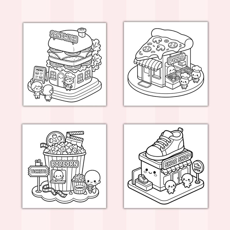 Może przedstawiać: Czarno-białe ilustracje sklep&oacute;w o tematyce kulinarnej. Obrazy obejmują sklep z kanapkami, pizzerię, stoisko z popcornem i sklep z butami. Każdy sklep ma uroczy, kresk&oacute;wkowy design z małymi postaciami.