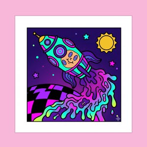 May include: A square art print featuring a teal and purple rocket ship with a smiling face, launching from a black and purple checkered planet. The rocket emits a vibrant, multi-colored liquid trail against a dark purple space background with a yellow sun.
