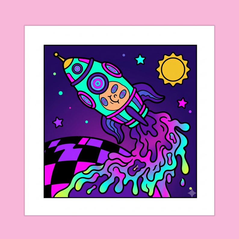 May include: A square art print featuring a teal and purple rocket ship with a smiling face, launching from a black and purple checkered planet. The rocket emits a vibrant, multi-colored liquid trail against a dark purple space background with a yellow sun.