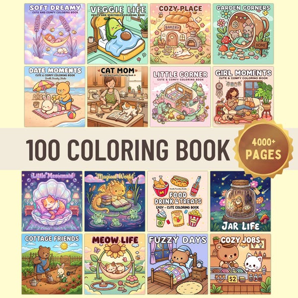 4000+ Cute & Cozy Coloring Pages Bundle | 100 Digital Coloring Books | Bold and Easy Coloring Pages | Digital Download