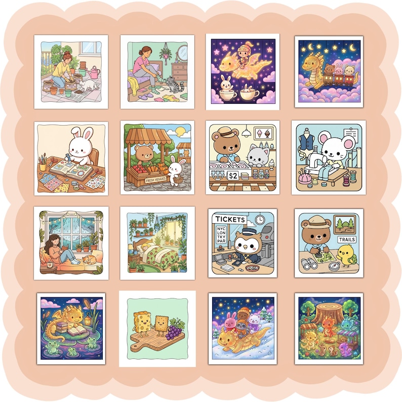 Puede incluir: Una colecci&oacute;n de diecis&eacute;is ilustraciones cuadradas con adorables personajes de animales en varias escenas. Las ilustraciones representan actividades como jardiner&iacute;a, compras y viajes, todo en un estilo de dibujos animados colorido.