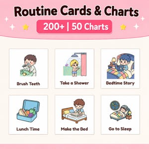 Puede incluir: Un conjunto de tarjetas y tablas de rutinas con más de 200 tarjetas y 50 tablas. El gráfico muestra seis iconos cuadrados con ilustraciones y texto: Brush Teeth, Take a Shower, Bedtime Story, Lunch Time, Make the Bed, Go to Sleep.