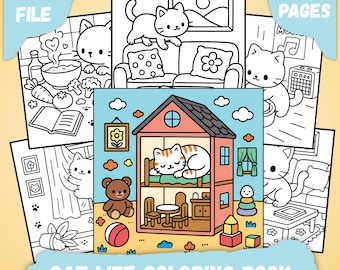 Libro para colorear, Páginas para colorear de la vida de los gatos para adolescentes y adultos, Libro para colorear llamativo y fácil, Lindo arte de gatos, Descarga digital