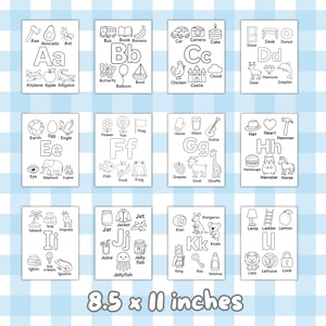 May include: A collection of 12 black and white alphabet flashcards, each displaying a letter, word, and illustration. The cards measure 21.6 x 27.9 cm. The background is a blue and white checkered pattern.