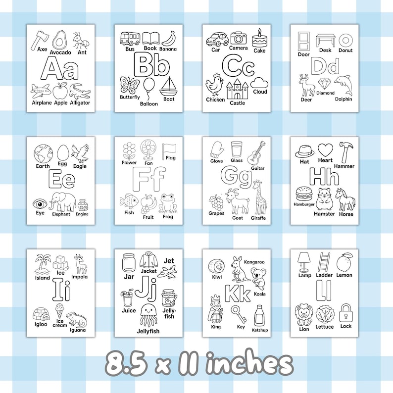 May include: A collection of 12 black and white alphabet flashcards, each displaying a letter, word, and illustration. The cards measure 21.6 x 27.9 cm. The background is a blue and white checkered pattern.