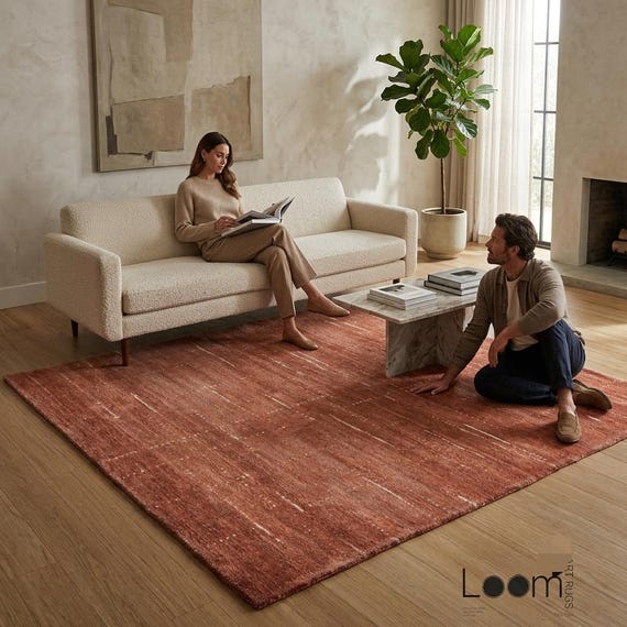 9x12 Terracotta Hand-Tufted Wool Rug | Rust Orange Organic Modern Area Rug | Mid-Century Modern Living Room Carpet Bedroom Rug | Custom Rug