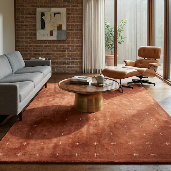 Terracotta Area Rug - Any Custom Size Made to Order - Luxury Hand-Tufted Wool Carpet - Minimalist Cross Grid runner rug for Living Room