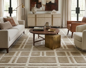 Tappeto geometrico con texture 3D / Tappeto moderno minimalista beige a pelo alto e basso / Tappeto intrecciato a griglia neutro / Tappeto trapuntato color crema per soggiorno in stile boho