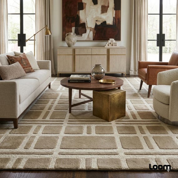 3D Textured Geometric Area Rug | Modern Minimalist Beige High-Low Pile Carpet | Neutral Grid Woven Rug | Tufted Cream Boho Living Room Rug