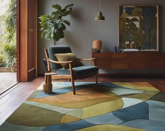 Alfombra abstracta verde oliva y azul / Alfombra inspirada en el arte moderno de mediados de siglo / Alfombra geométrica terrosa para sala de estar / Decoración para el hogar tejida a mano en lana