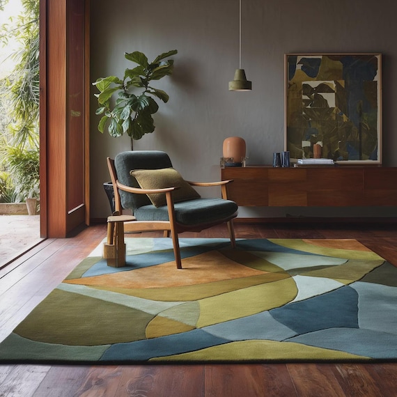 Olive Green & Blue Abstract Rug | Mid Century Modern Art Inspired Area Carpet | Earthy Geometric Living Room Rug | Hand Tufted Wool Home Dec