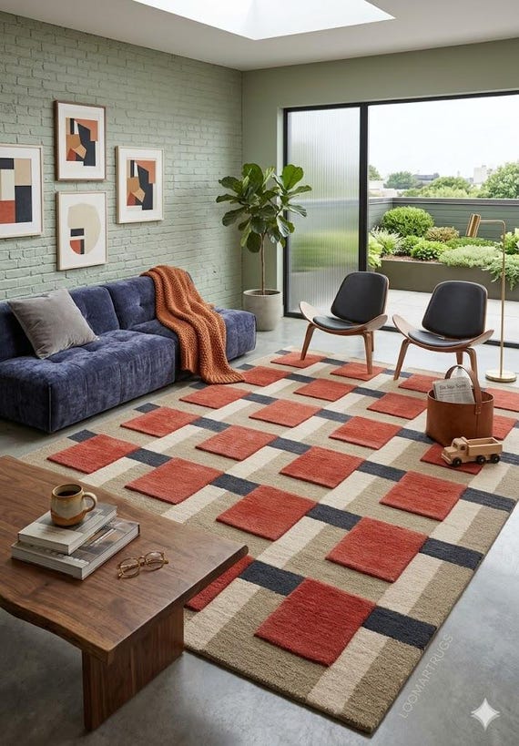 Luxury Light Brown and Red Plush Rug,Modern Soft Area Rug Square Details,Handmade Comfortable Carpet for Bedroom & Living Room