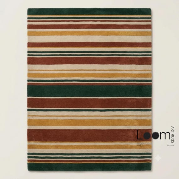70s Revival Striped Area Rug | Mid Century Modern Retro Tufted Rug | Forest Green & Rust Orange Bedroom Carpet | Custom Dopamine Decor Rug