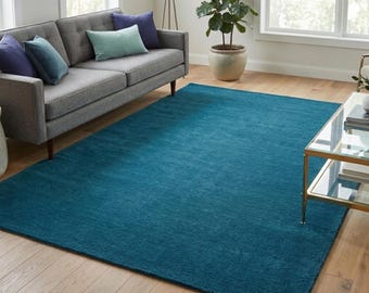 8x10ft Large Teal Area Rug - Hand-Tufted Artisanal Wool Rug for Living Room - Deep Texture Solid Blue Green Carpet - Custom Sizes 9x12ft Rug