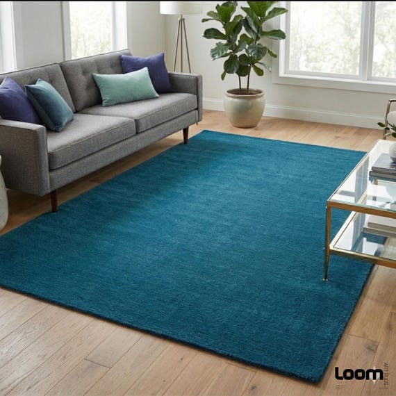 8x10ft Large Teal Area Rug - Hand-Tufted Artisanal Wool Rug for Living Room - Deep Texture Solid Blue Green Carpet - Custom Sizes 9x12ft Rug