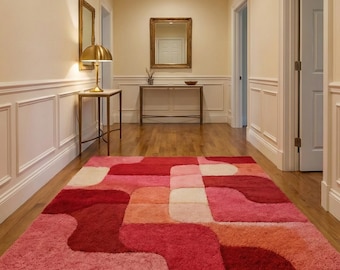 Alfombra moderna y atrevida de mediados de siglo / Alfombra de pelo largo rosa y rojo con estilo moderno / Alfombra abstracta retro de los años 60 y 70 para sala de estar / Alfombra maximalista bohemia para dormitorio