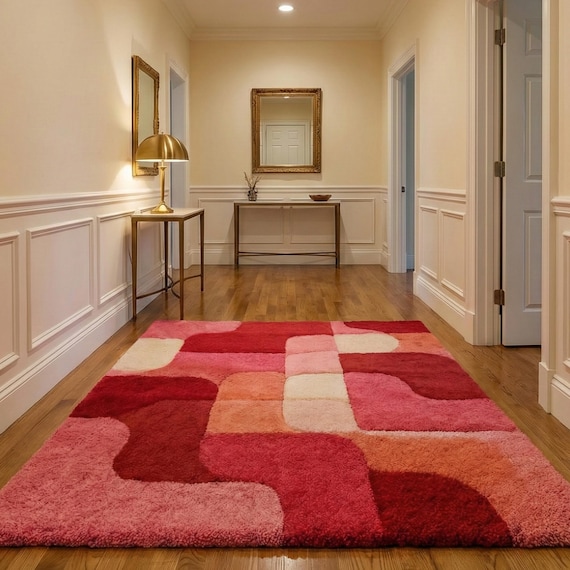 Bold Mid-Century Mod Rug | Groovy Pink & Red Shag Area Rug | Retro 60s 70s Abstract Living Room Carpet | Maximalist Bohemian Bedroom Carpet