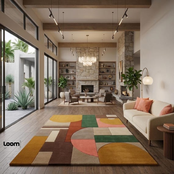 Mid Century Modern Geometric Area Rug | Bauhaus Abstract Color Block Rug | Earthy Retro 70s Decor | Tufted Living Room Rug by Loom Art Rugs