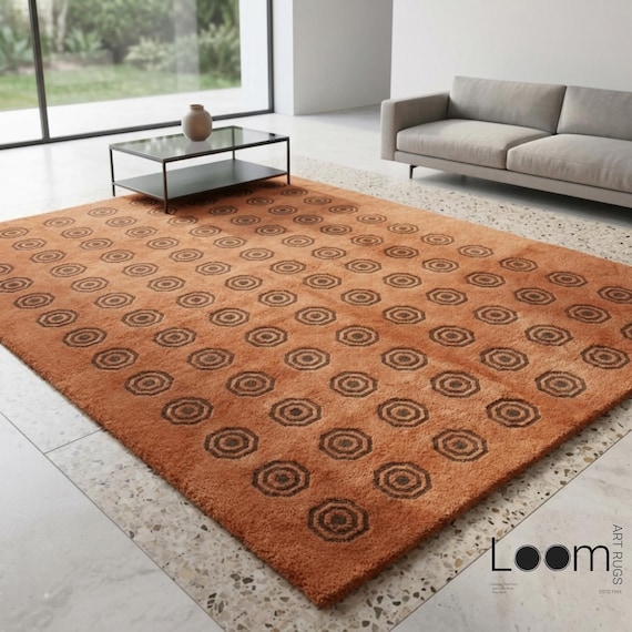 Terracotta Geometric Wool Rug | 9x12 Mid Century Modern 70s Revival Grid Carpet | Hand-Tufted Rust Orange Area Rug for Living Room Bedroom