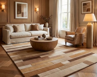Tappeto in lana annodato a mano, tappeto geometrico moderno, tappeto color terra beige marrone, arredamento per soggiorno, dimensioni personalizzate - LOOM ART RUGS