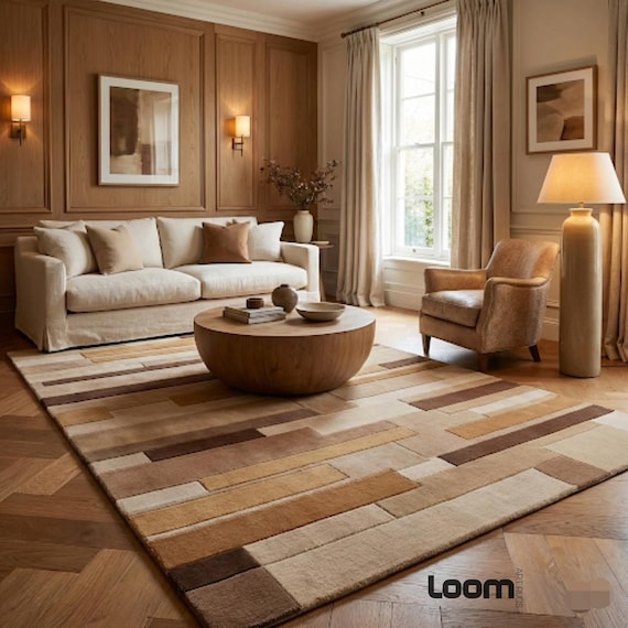 Hand Tufted Wool Rug, Modern Geometric Area Rug, Earth Tone Beige Brown Color Block Carpet, Living Room Decor, Custom Size - LOOM ART RUGS