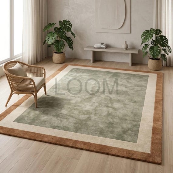 Hand Tufted Wool Rug Modern Neutral Area Rug Sage Green Beige Brown Bordered Carpet Custom Size Large Living Room Aesthetics Aesthetic Floor