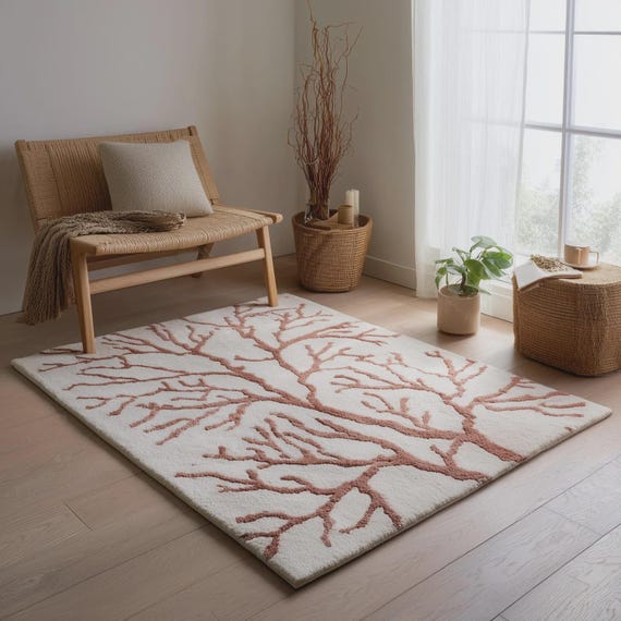 Handmade Tufted Wool Branch Rug: Nature Inspired Boho Decor, Bedroom 9x12 Custom rug, Living Room Rug, White and Brown Rug