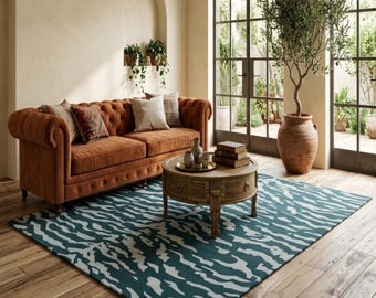 Tappeto moderno astratto color verde acqua / Tappeto ondulato color crema con stampa animalier per soggiorno / Tappeto contemporaneo trapuntato per camera da letto / Arredamento boho per la casa 244 x 305 cm
