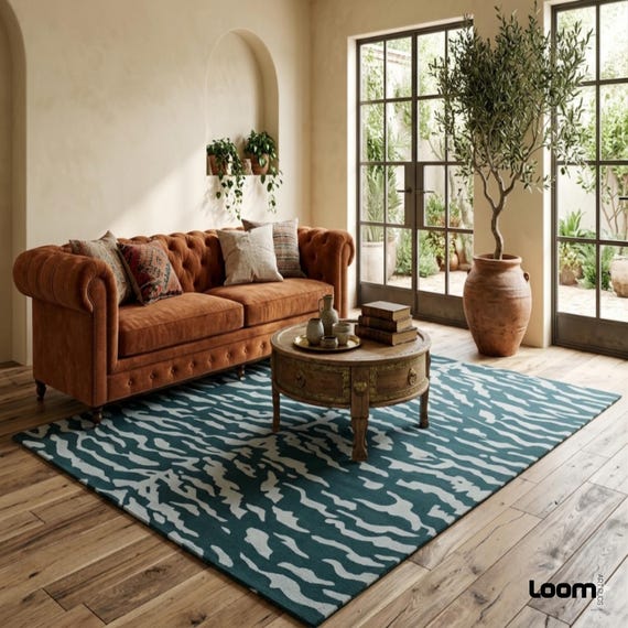 Modern Teal Abstract Area Rug | Wavy Cream Animal Print Rug for Living Room | Contemporary Tufted Bedroom Carpet | Boho Home Decor 8X10ft.