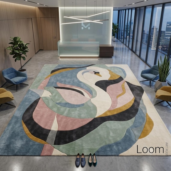 Abstract Swan Area Rug | 8x10 Pastel Dopamine Decor Hand Tufted Wool Carpet | Organic Modern Floor Art | Contemporary Oversized Living Room
