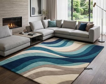 Tappeto a onde blu annodato a mano, tappeto moderno astratto con motivo oceanico, arredamento per soggiorno costiero, tappeto in lana su misura, tappetino per camera da letto verde acqua e beige