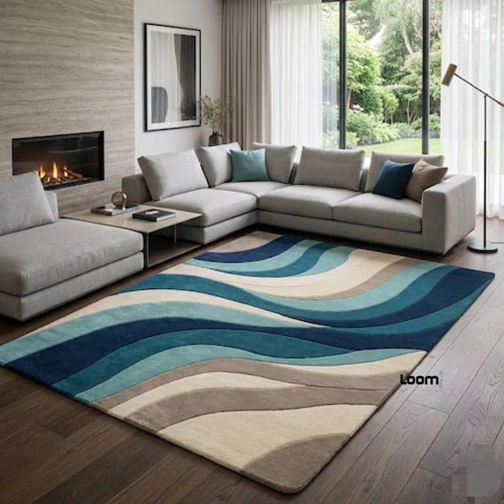 Hand Tufted Blue Wave Rug, Modern Abstract Ocean Carpet, Coastal Living Room Decor, Custom Size Wool Area Rug, Teal and Beige Bedroom Mat
